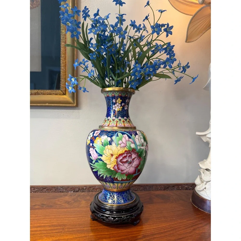 Vintage Cloisonné Vase with Carved Wood Stand